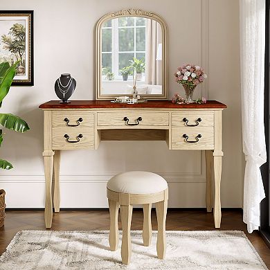 Merax 46" Vintage Makeup Vanity with Curved Flower Frame Mirror, Elegant Dressing Table and Stool