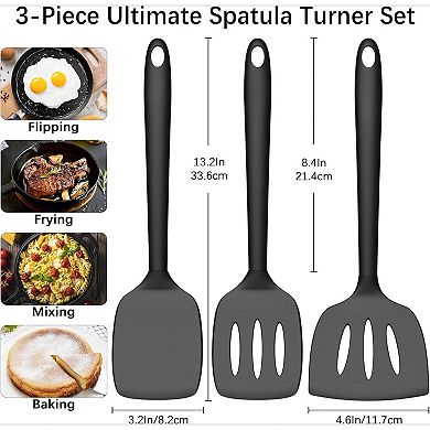 Great Ambitions 3 Pack Silicone Spatula Set,High Heat Resistant,Fish Spatula,Solid & Slotted Turner
