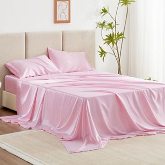 Great Ambitions Satin Queen Sheets Set - 4 pc Pink Silky Bed Sheets Set with Deep Pocket