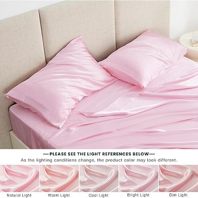 Great Ambitions Satin Queen Sheets Set - 4 Piece Pink Silky Bed Sheets Set with Deep Pocket