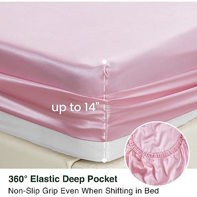 Great Ambitions Satin Queen Sheets Set - 4 Piece Pink Silky Bed Sheets Set with Deep Pocket