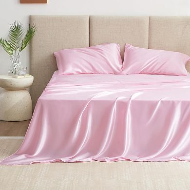Great Ambitions Satin Queen Sheets Set - 4 Piece Pink Silky Bed Sheets Set with Deep Pocket