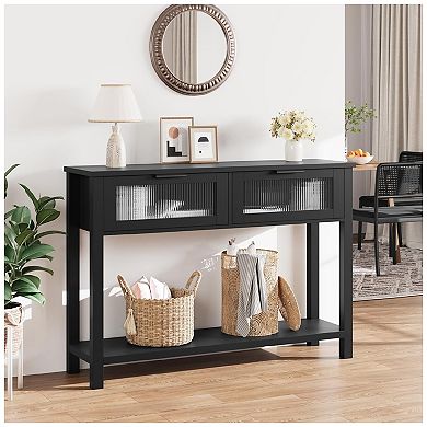 Console Table with 2 Glass Drawers, Spacious 2-Tier Storage, Easy Assembly