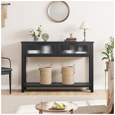 Console Table with 2 Glass Drawers, Spacious 2-Tier Storage, Easy Assembly
