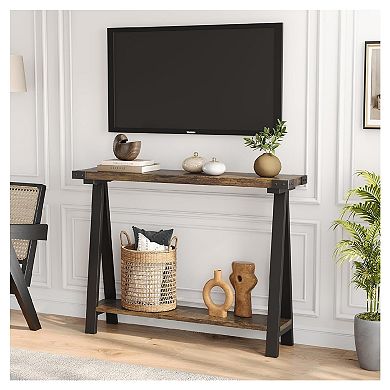 Farmhouse Console Table with 2-Tier Storage, Narrow Entry Table with Metal Frame and MDF