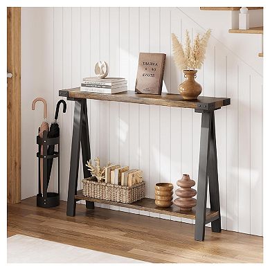 Farmhouse Console Table with 2-Tier Storage, Narrow Entry Table with Metal Frame and MDF
