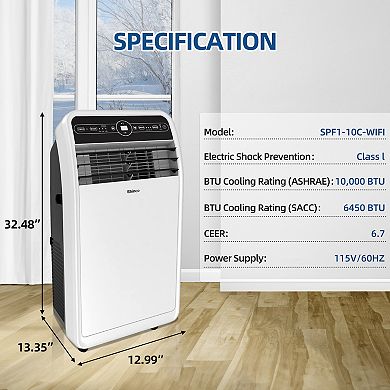 10,000 BTU (6,400 BTU DOE) Portable Air Conditioner Cools 300 sq. ft. Dehumidifier, 3 Fan Speeds