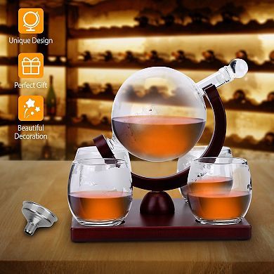 Whiskey Decanter Globe Set with 4 Etched Glasses & Wooden Tray Gift Set