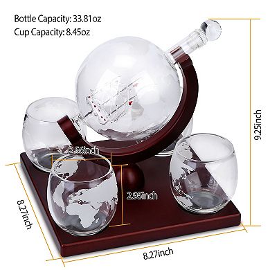 Whiskey Decanter Globe Set with 4 Etched Glasses & Wooden Tray Gift Set