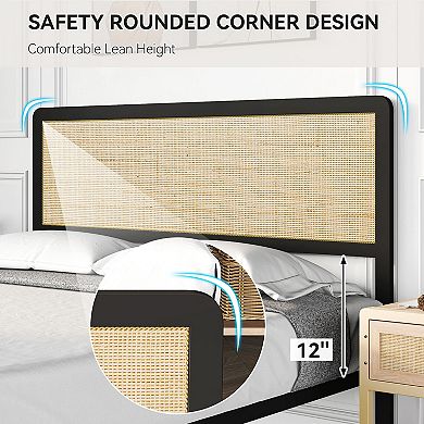 bed Frame with Curved Natural Rattan Headboard, No Box Spring Needed/Mattress Foundation
