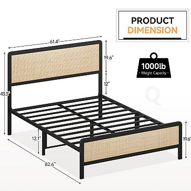 bed Frame with Curved Natural Rattan Headboard, No Box Spring Needed/Mattress Foundation