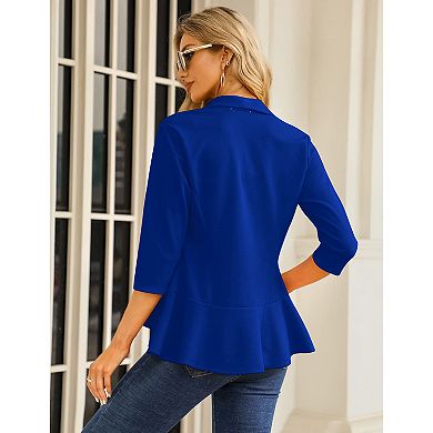 Women's 3/4 Sleeve Casual Blazer Open Front Ruffle Hem Cardigan Jacket