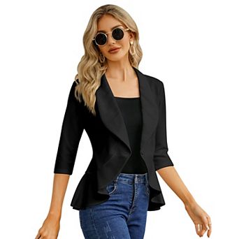 Women's 3/4 Sleeve Casual Blazer Open Front Ruffle Hem Cardigan Jacket