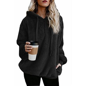 Women Fuzzy Hoodies Pullover Sport Hoodie Cozy Oversize Pocket Quarter Zip Hooded Sweatshirt