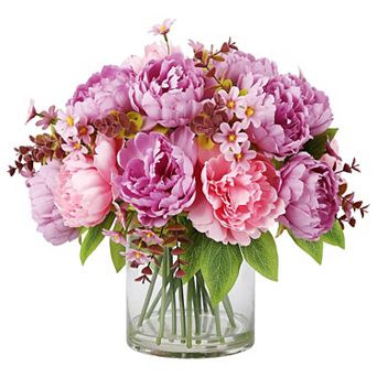 Peonies Bouquet, Silk Faux Peony with Glass Bottle and Faux Water for Home Decor Wedding Bouquets