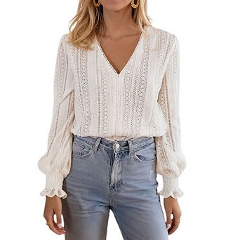 Women Embroidered Mesh Lace Blouse Long Sleeve V Neck Blouse Casual Sheer Loose Shirts Tops