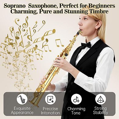 Soprano Saxophone Brass Sax Electroplated Finish, Suitable for Beginner or Intermediate Students