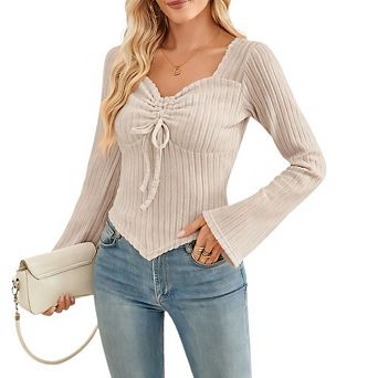 Women's Long Sleeve Shirt Cute Ruched Drawstring Slim Fit Pullover Tops Going Out Clothes