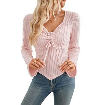 Women's Long Sleeve Shirt Cute Ruched Drawstring Slim Fit Pullover Tops Going Out Clothes