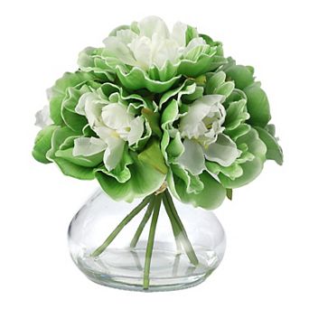 Peonies Artificial Flowers with Glass Vase, Silk Faux Peony Flower Arrangement with Faux Water