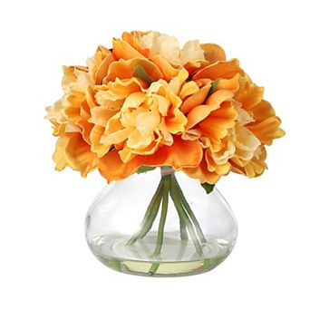 Peonies Artificial Flowers with Glass Vase, Silk Faux Peony Flower Arrangement with Faux Water