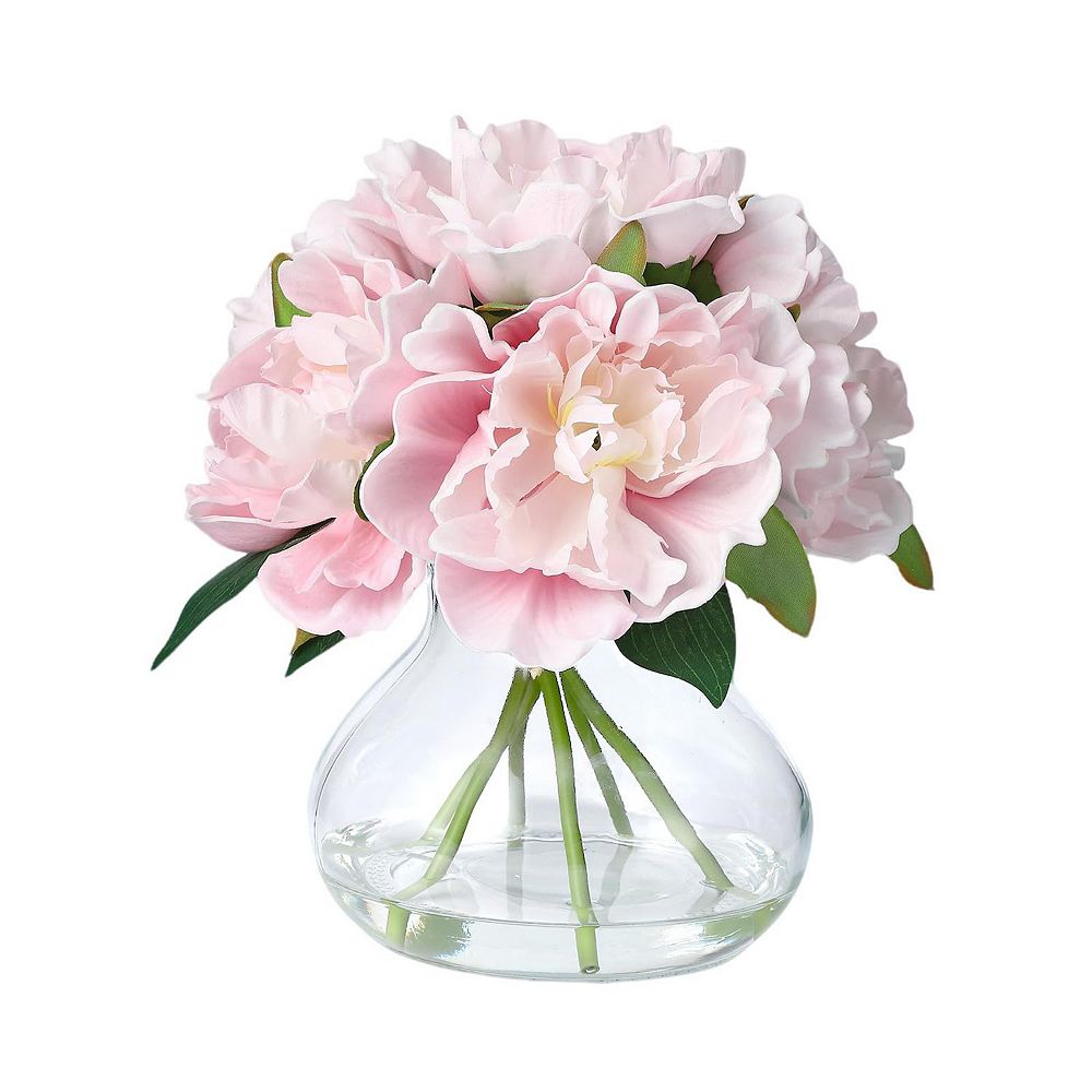Peonies Artificial Flowers with Glass Vase, Silk Faux Peony Flower ...