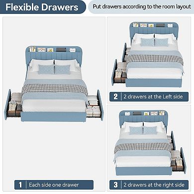Bed Frame with Storage Headboard and 2 Drawers, Boucle Upholstered Platform with Built-in Bookcase