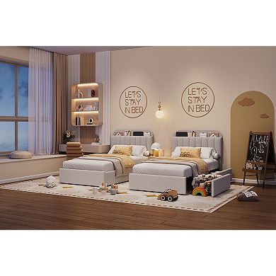 Bed Frame with Storage Headboard and 2 Drawers, Boucle Upholstered Platform with Built-in Bookcase