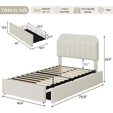 Bed Frame with Storage Headboard and 2 Drawers, Boucle Upholstered Platform with Built-in Bookcase