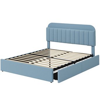 Bed Frame with Storage Headboard and 2 Drawers, Boucle Upholstered Platform with Built-in Bookcase
