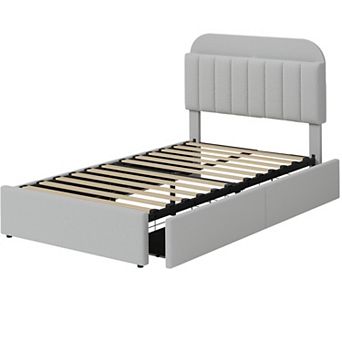 Bed Frame with Storage Headboard and 2 Drawers, Boucle Upholstered Platform with Built-in Bookcase