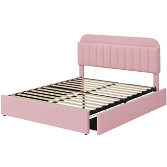 Bed Frame with Storage Headboard and 2 Drawers, Boucle Upholstered Platform with Built-in Bookcase