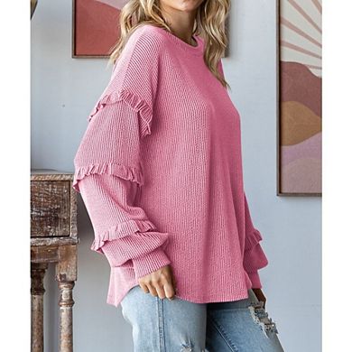 Womens V Neck Long Sleeve Blouse Loose Fit Tunics Ruffles Off Shoulder Waffle Knit Solid Color Tops