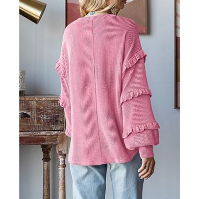Womens V Neck Long Sleeve Blouse Loose Fit Tunics Ruffles Off Shoulder Waffle Knit Solid Color Tops