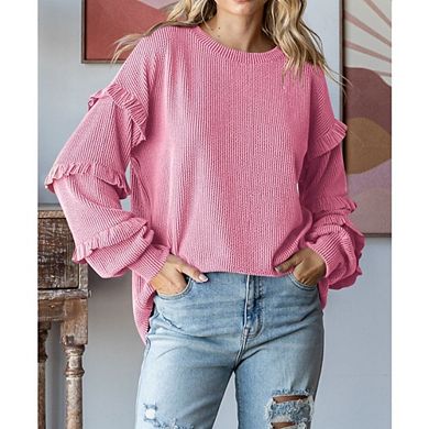 Womens V Neck Long Sleeve Blouse Loose Fit Tunics Ruffles Off Shoulder Waffle Knit Solid Color Tops