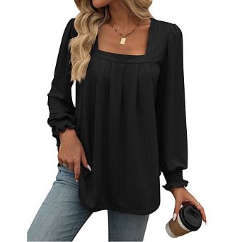Womens Puff Long Sleeve Tops Dressy Casual Square Neck Pleated Work Blouse Fall Flowy Chiffon Shirts