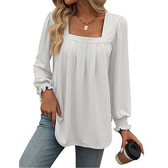 Womens Puff Long Sleeve Tops Dressy Casual Square Neck Pleated Work Blouse Fall Flowy Chiffon Shirts