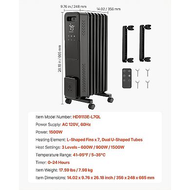 Electric Oil Filled Radiator Space Heater 1500W with Remote Control 3 Heat Settings and Timer