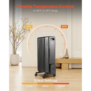 Electric Oil Filled Radiator Space Heater 1500W with Remote Control 3 Heat Settings and Timer