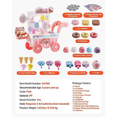 Kids Ice Cream Cart Pretend Play Set with Accessories Lights Sounds and Storage