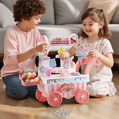 Kids Ice Cream Cart Pretend Play Set with Accessories Lights Sounds and Storage