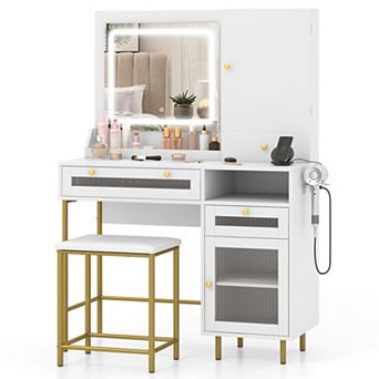 Modern Makeup Vanity Desk with Lighted Mirror Jewelry Cabinet and Stool Set