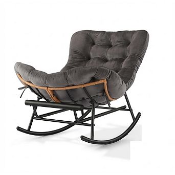 Rattan Rocking Chair w/tachable Flannel Cushion & Extendable Footrest, Papasan Chair w/Cozy Seating