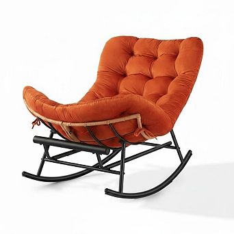 Rattan Rocking Chair w/tachable Flannel Cushion & Extendable Footrest, Papasan Chair w/Cozy Seating