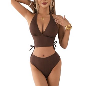 Two Piece Ladies Bikini Sets Twist Front Swimsuits High Waisted Strap Retro Pleats Bathing Suits