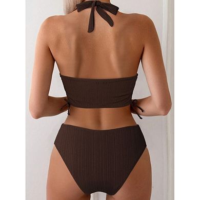 Two Piece Ladies Bikini Sets Twist Front Swimsuits High Waisted Strap Retro Pleats Bathing Suits