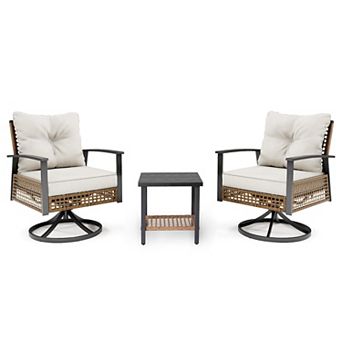 PATIOEASY Set of 3 Rattan Swivel Chairs 360° Rotating Bar Height Stools with Open Weave Back