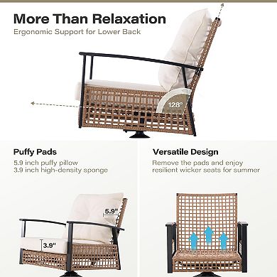 PATIOEASY Set of 3 Rattan Swivel Chairs 360° Rotating Bar Height Stools with Open Weave Back