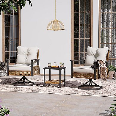 PATIOEASY Set of 3 Rattan Swivel Chairs 360° Rotating Bar Height Stools with Open Weave Back