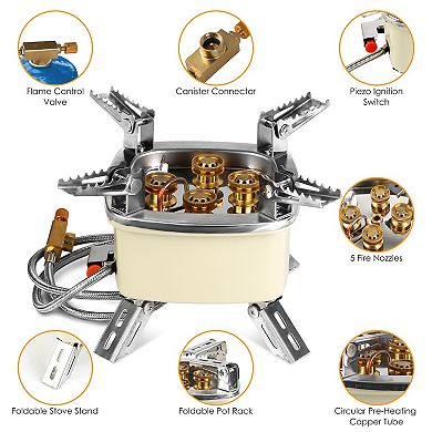 13,000W Windproof Camping Gas Stove 5-Burner with Ignition & Flame Control for Butane/Propane